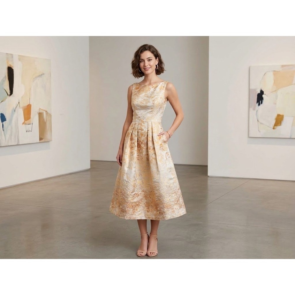 Kay Unger Jacquard Cocktail Dress Women 0 Gold Metallic Pleated Midi Gala Luxury